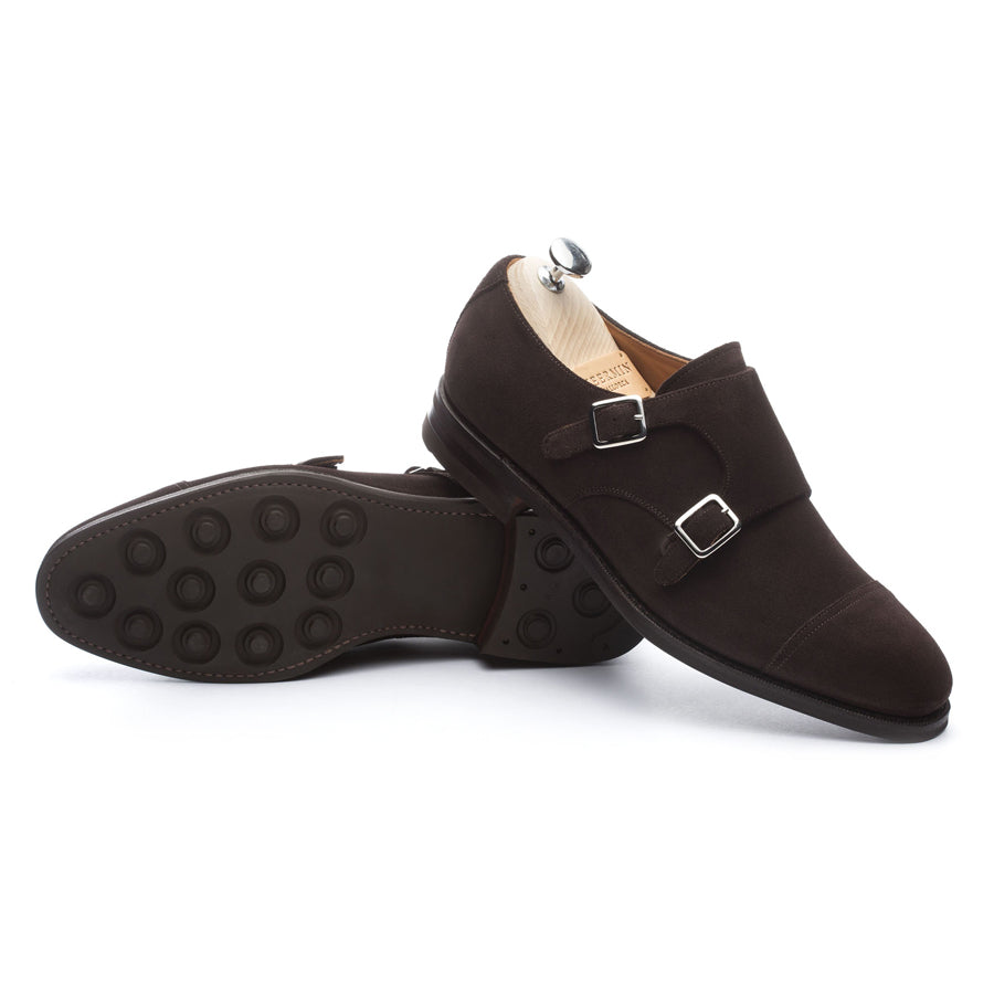 Meermin brown suede double monkstrap loafers, paired shot with sole tread visible and one shoe on a wooden shoe tree