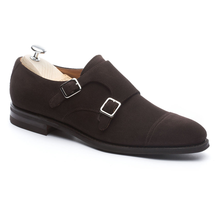 Meermin brown suede double monkstrap, angled side view on shoe tree showing cap-toe and buckle straps