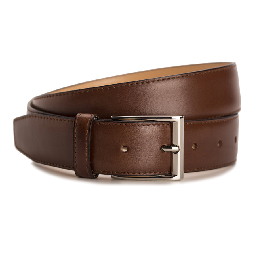 Meermin espresso antique calf belt, coiled front view showing nickel-plated buckle and stitched loop detail