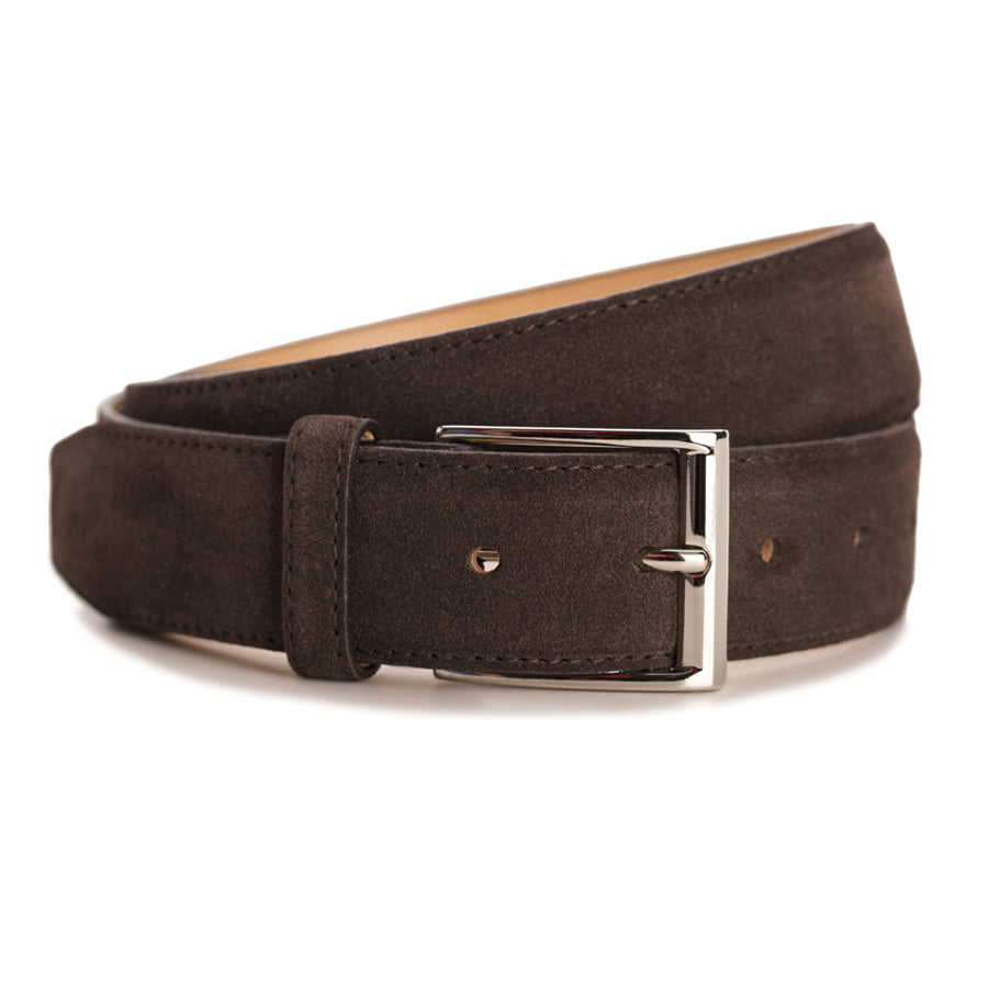 Meermin brown suede belt, coiled to show buckle and loop detail, nickel-plated brass buckle with single guard