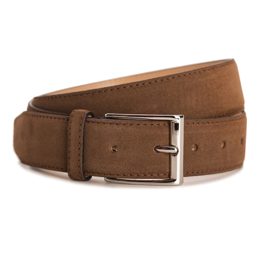 Meermin snuff suede belt, coiled to show buckle and strap, nickel-plated solid brass buckle with single keeper