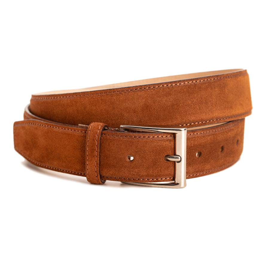 Meermin polo suede belt, coiled front view showing nickel-plated buckle, keeper loop, and stitched edge detail