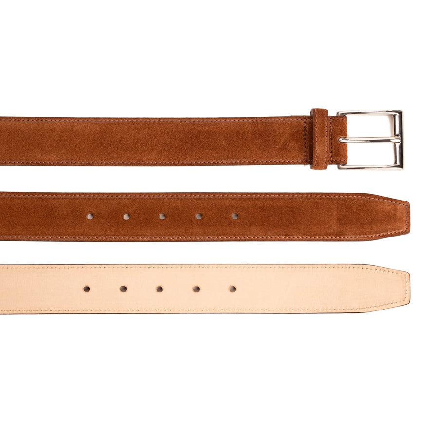 Meermin polo suede belt shown in three strips: buckle end, hole detail, and unlined natural leather backing