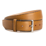 Meermin tan country calf belt coiled, buckle facing forward, showing pebbled grain texture and nickel-plated solid brass buckle