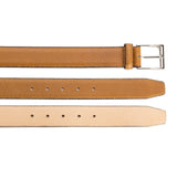 Meermin tan Country calf belt, three strap layers shown with buckle end, punched holes, and natural undyed underside