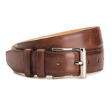 Meermin cognac Museum Calf belt, coiled to show buckle and double keeper, nickel-plated solid brass buckle in focus