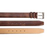 Meermin cognac Museum Calf belt, three views showing buckle end, tapered tip with holes, and tan leather lining strip