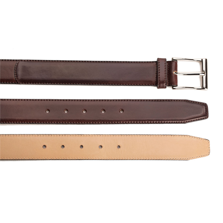 Meermin burgundy shell cordovan belt, three views showing buckle end, tail with holes, and natural leather backing