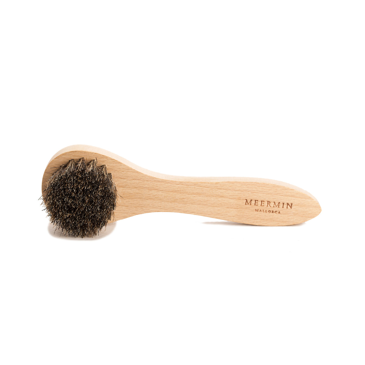 Meermin beechwood waxing brush with genuine horsehair bristles, side view showing engraved logo on the handle