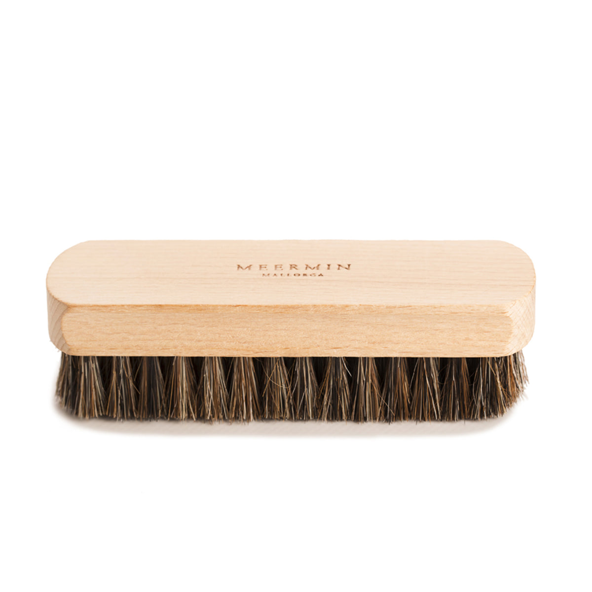 Meermin medium shoe brush, front view showing beechwood block with engraved logo and genuine horsehair bristles