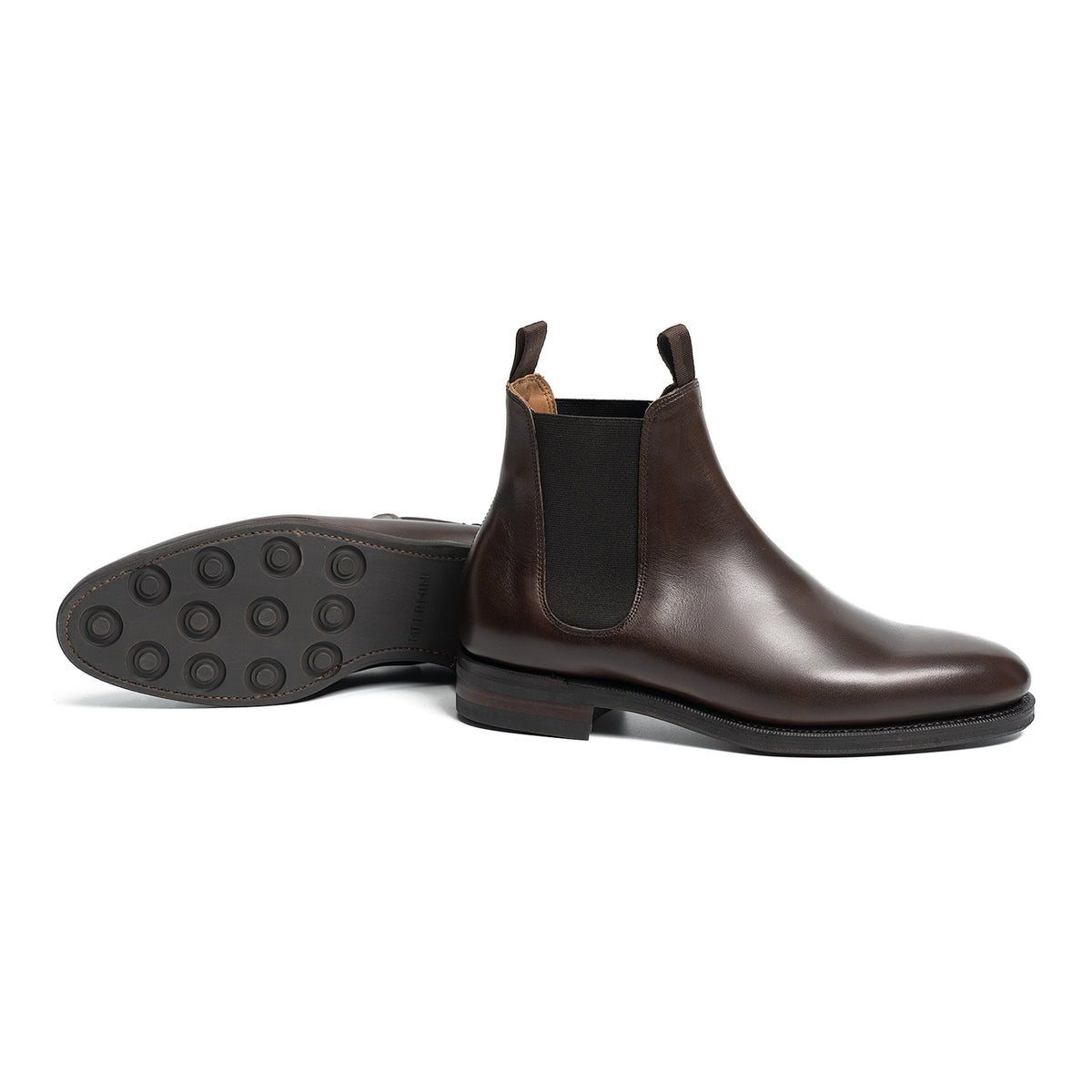 Meermin dark brown calf Chelsea boot, side profile with matching pair showing studded rubber sole and elastic gusset