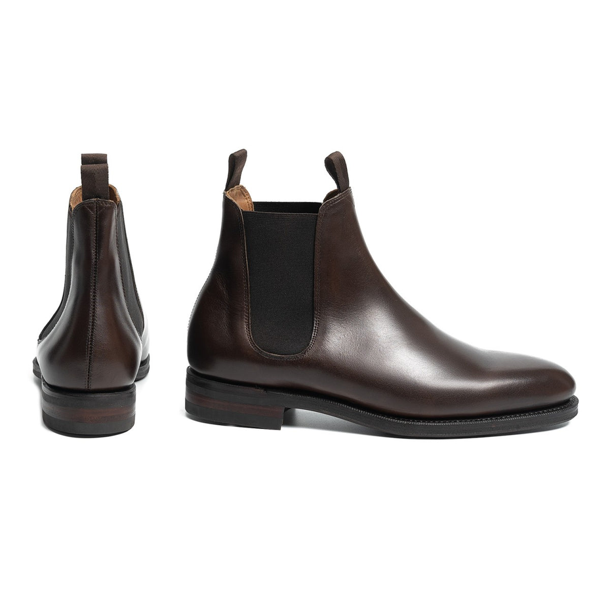 Meermin dark brown calfskin wholecut Chelsea boots, side profile and heel view showing elastic gussets and stacked leather sole