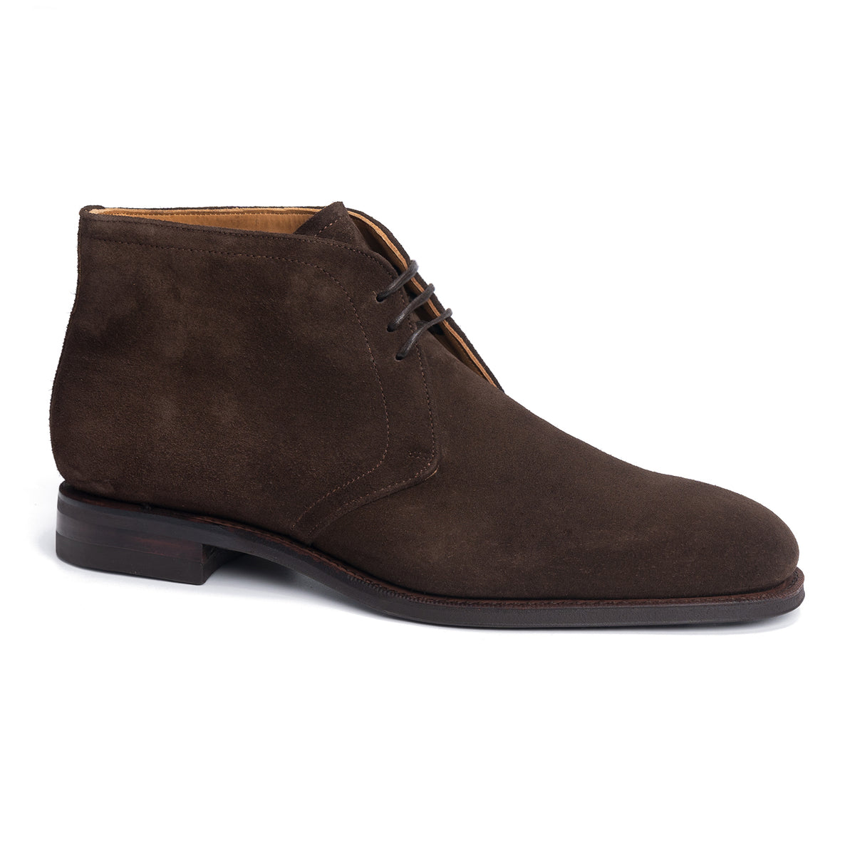Meermin brown suede chukka boot, side profile view showing Goodyear welted sole and lace-up front