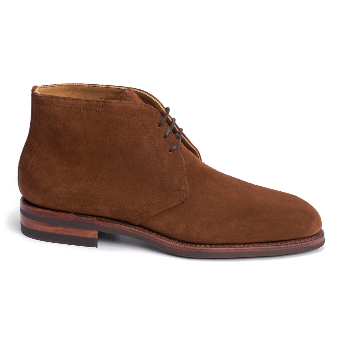 Meermin snuff suede chukka boot, side profile showing Goodyear welted studded rubber sole and lace detail