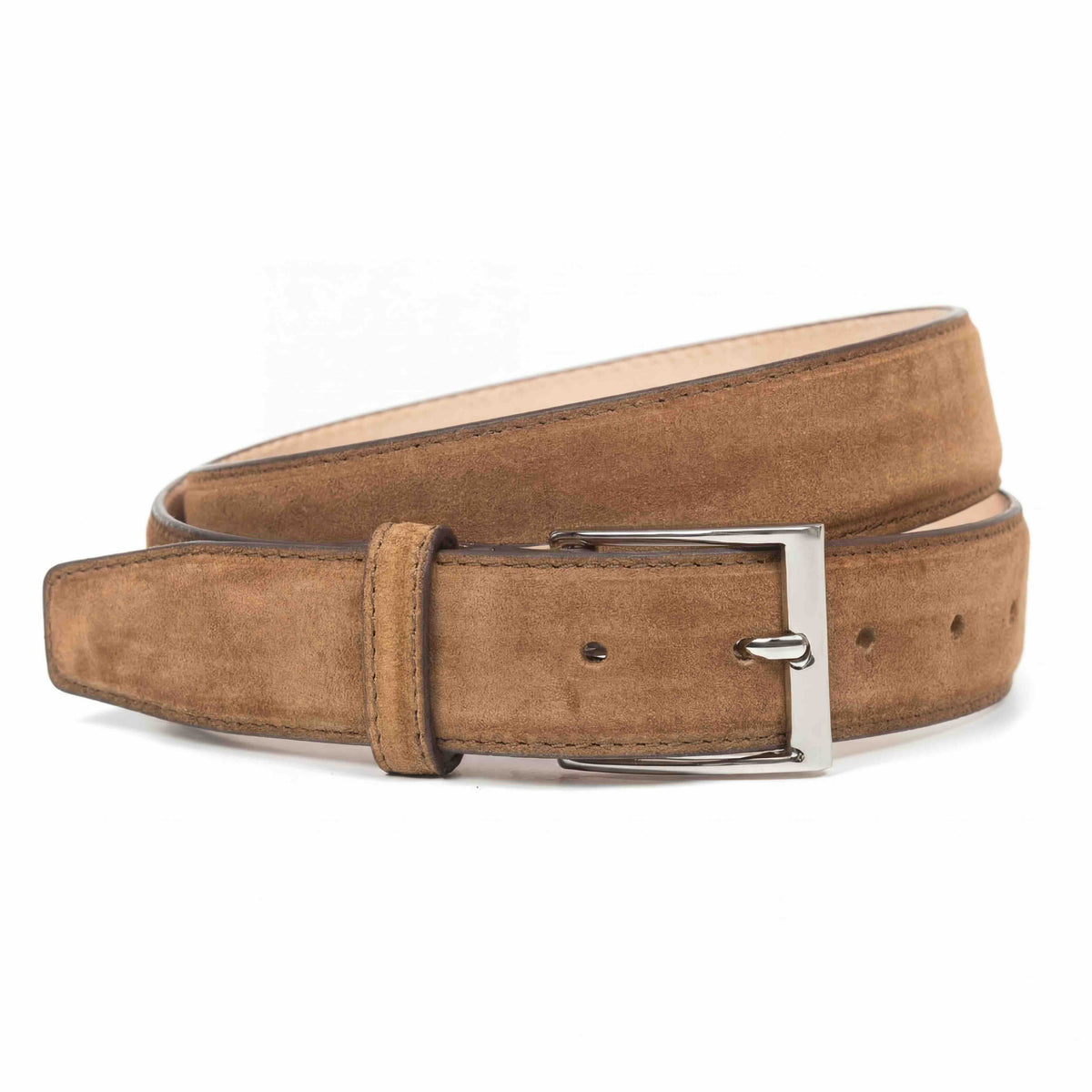 Meermin Atacama suede belt coiled, showing nickel-plated buckle and full strap length with vegetable-tanned leather lining edge