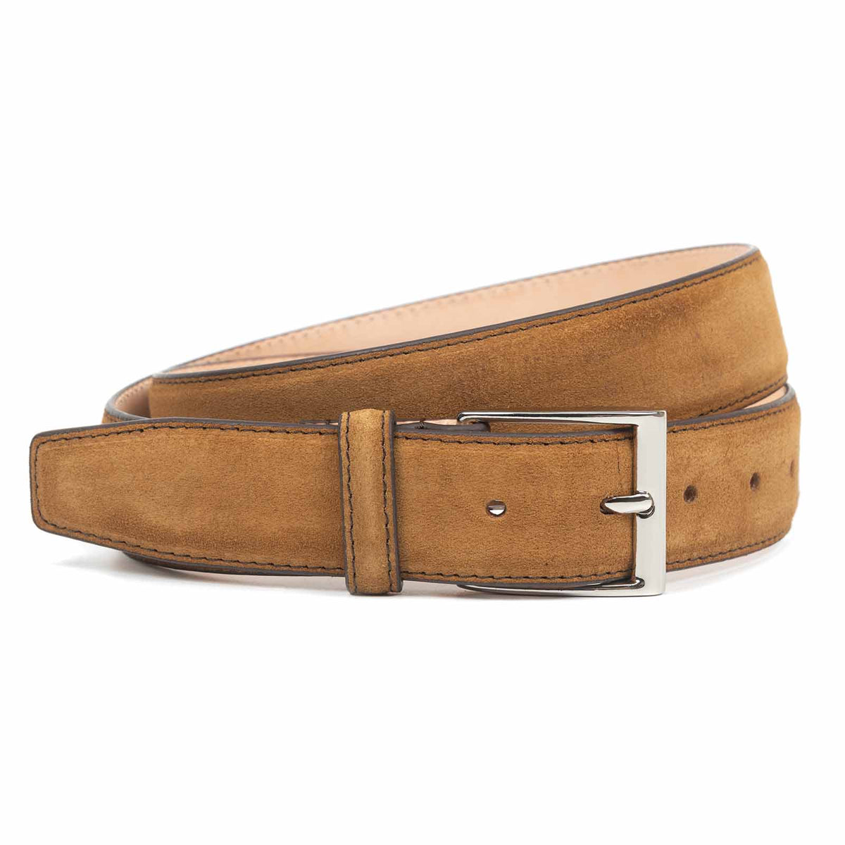 Meermin gold suede belt, coiled loosely to show buckle and strap texture, nickel-plated solid brass buckle with single guard