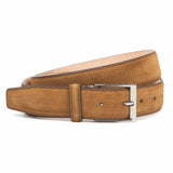 Meermin gold suede belt, coiled loosely to show buckle and strap texture, nickel-plated solid brass buckle with single guard