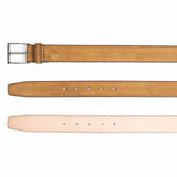 Meermin gold suede belt, three-strap comparison showing buckle end, punched holes, and vegetable-tanned leather lining strip