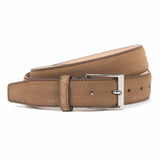 Meermin Maracca suede belt coiled, showing nickel-plated buckle with single guard and stitched edge detail