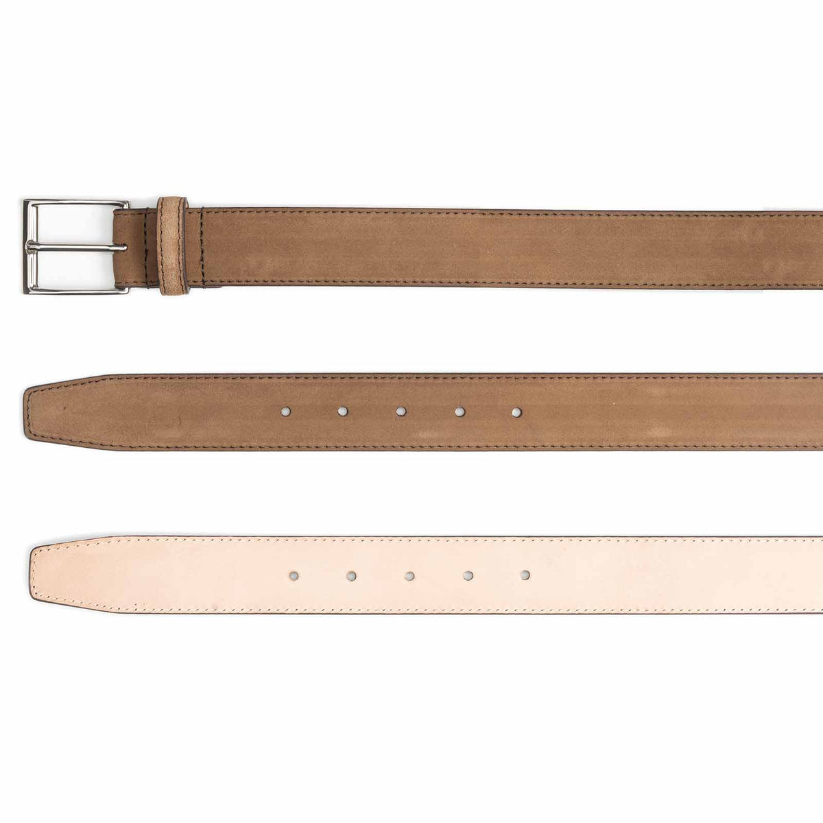 Meermin Maracca suede belt, three strap views showing buckle end, punched holes, and vegetable-tanned leather lining