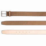 Meermin Maracca suede belt, three strap views showing buckle end, punched holes, and vegetable-tanned leather lining