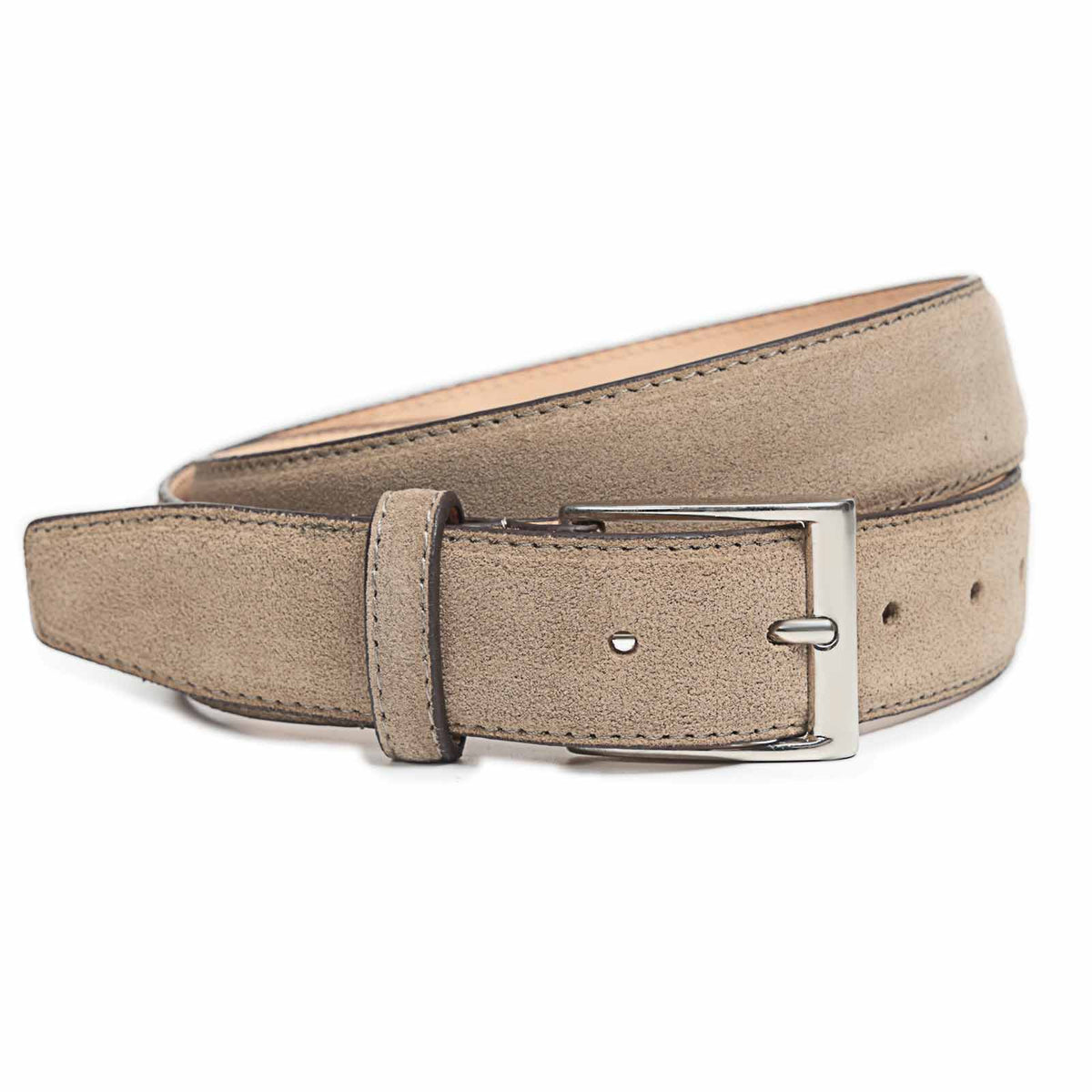 Meermin taupe suede belt, coiled front view showing nickel-plated solid brass buckle and single keeper loop