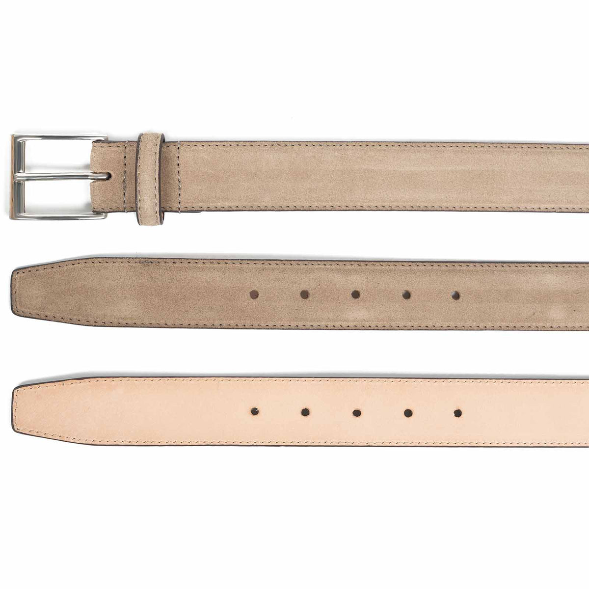 Meermin taupe suede belt, three-panel comparison showing buckle end, punched hole strip, and vegetable-tanned leather lining reverse