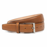 Meermin tan Karagrain grained calf belt, coiled to show buckle and full strap length, nickel-plated solid brass buckle