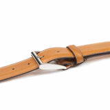 Meermin tan Karagrain grained calfskin belt, close-up of nickel-plated solid brass buckle and keeper loop