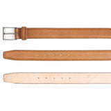 Meermin tan karagrain calfskin belt, three-view comparison showing buckle end, grain close-up, and natural leather underside with hole punches