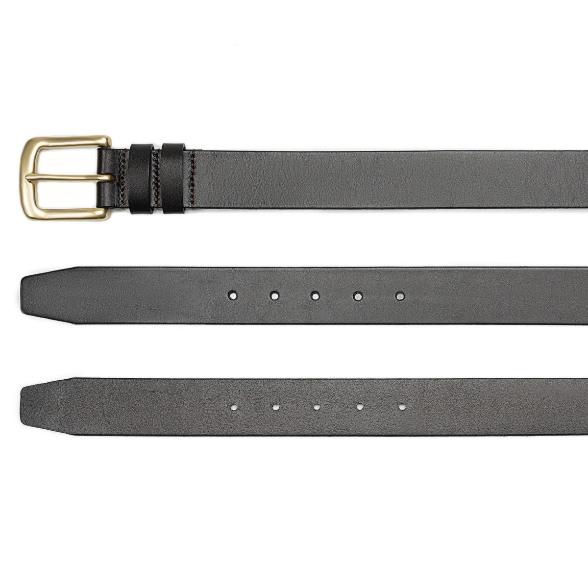 Meermin brown bridle leather belt, buckle end, tip, and reverse side shown, highlighting hole spacing and natural grain