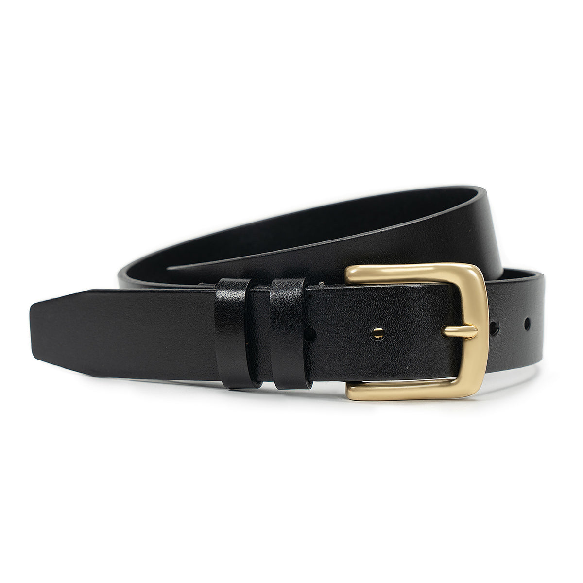 Meermin black bridle leather belt, coiled loosely to show solid brass buckle and keeper loops in close-up