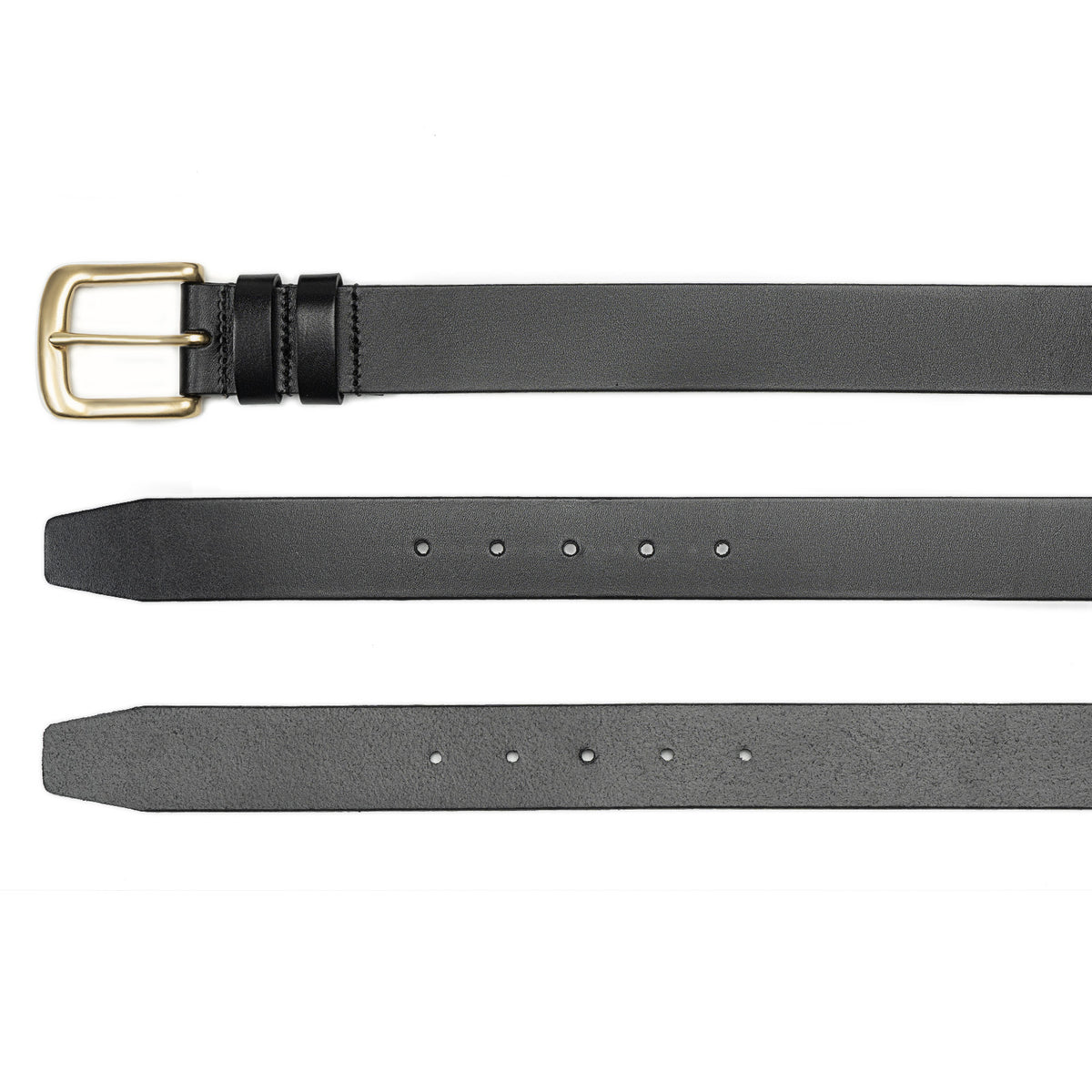 Meermin black bridle leather belt, three views showing buckle end, grain side with holes, and suede-textured flesh side