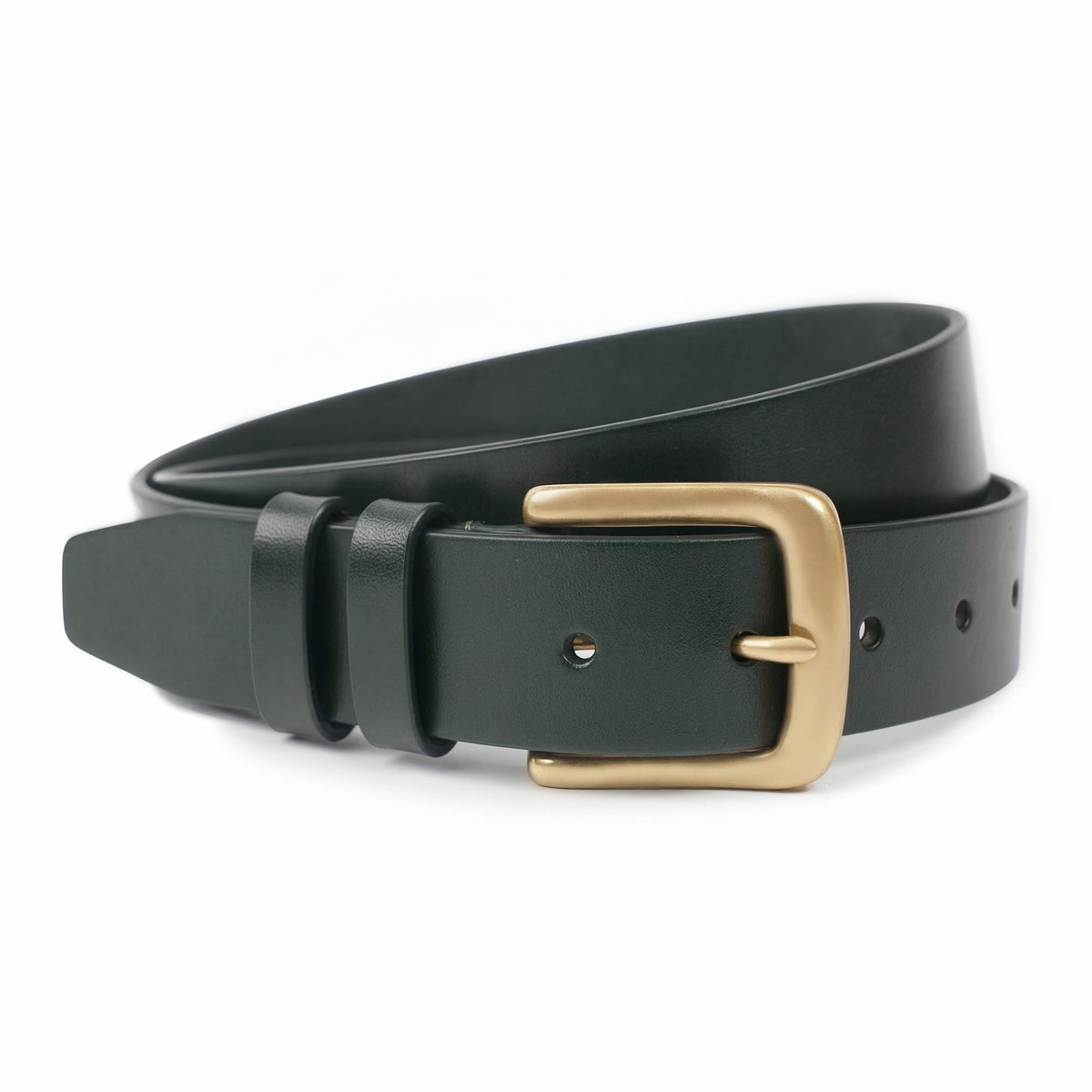 Meermin green leather belt, coiled loosely, showcasing solid brass buckle and looped strap in close-up