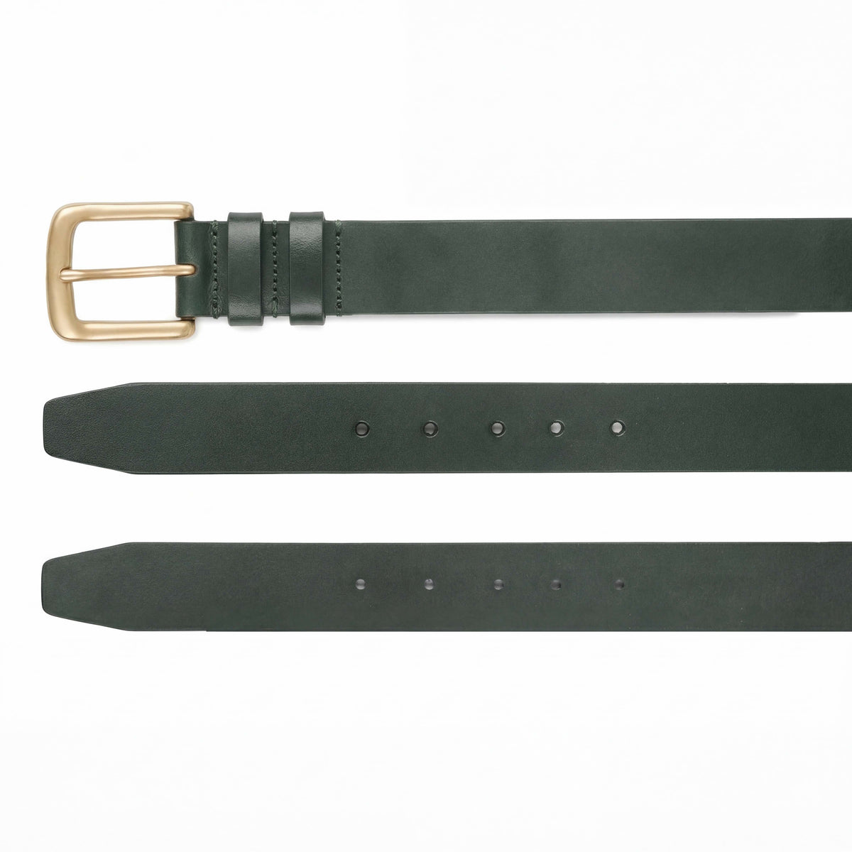 Meermin green leather belt shown from three angles: buckle end with solid brass buckle, and both strap sides displaying adjustment holes