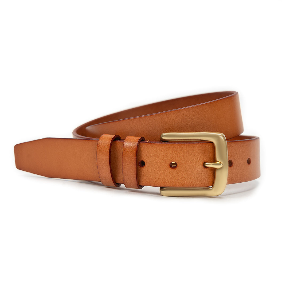 Meermin natural bridle leather belt, coiled loosely to show solid brass buckle and full strap length