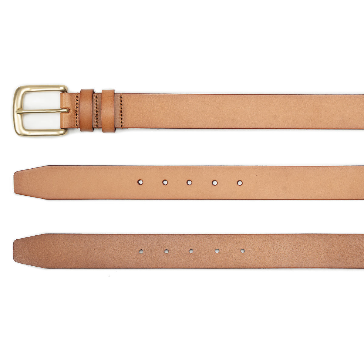 Meermin natural bridle leather belt, three-view detail showing brass buckle, grain side with hole punches, and flesh side texture