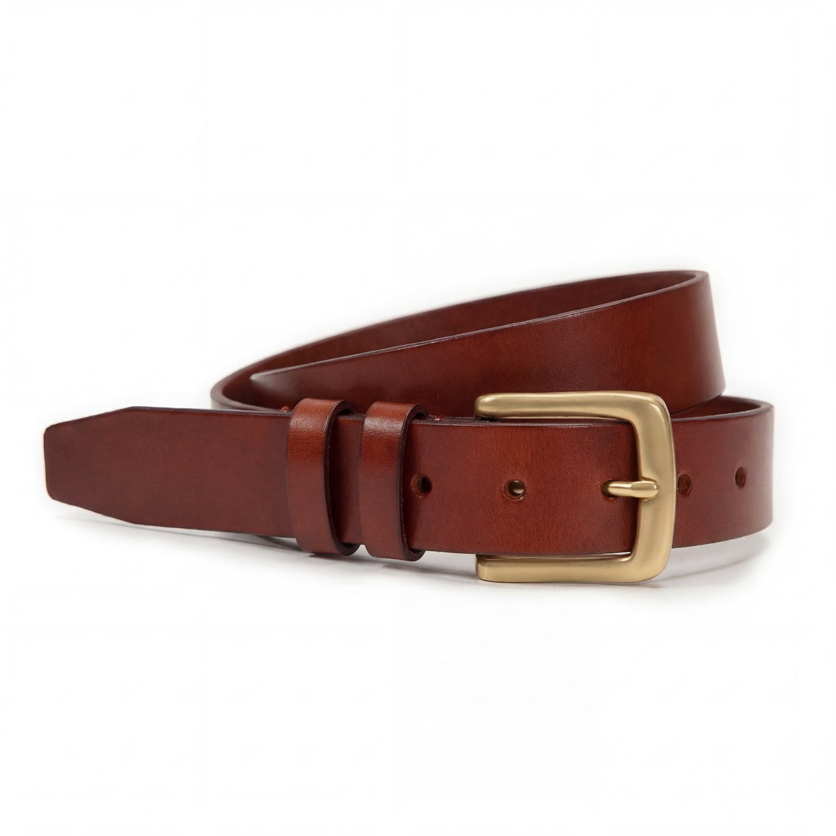 Meermin tobacco bridle leather belt, coiled loosely to show solid brass buckle and strap loops in full profile