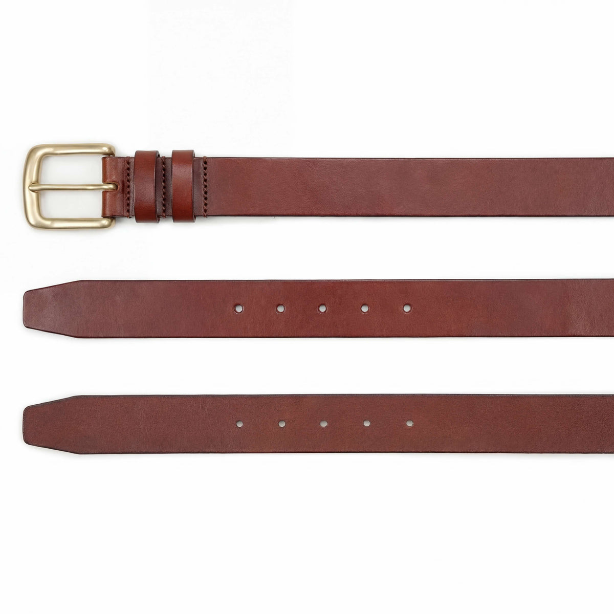 Meermin tobacco bridle leather belt, three views showing brass buckle, keeper loops, and adjustable holes along the strap