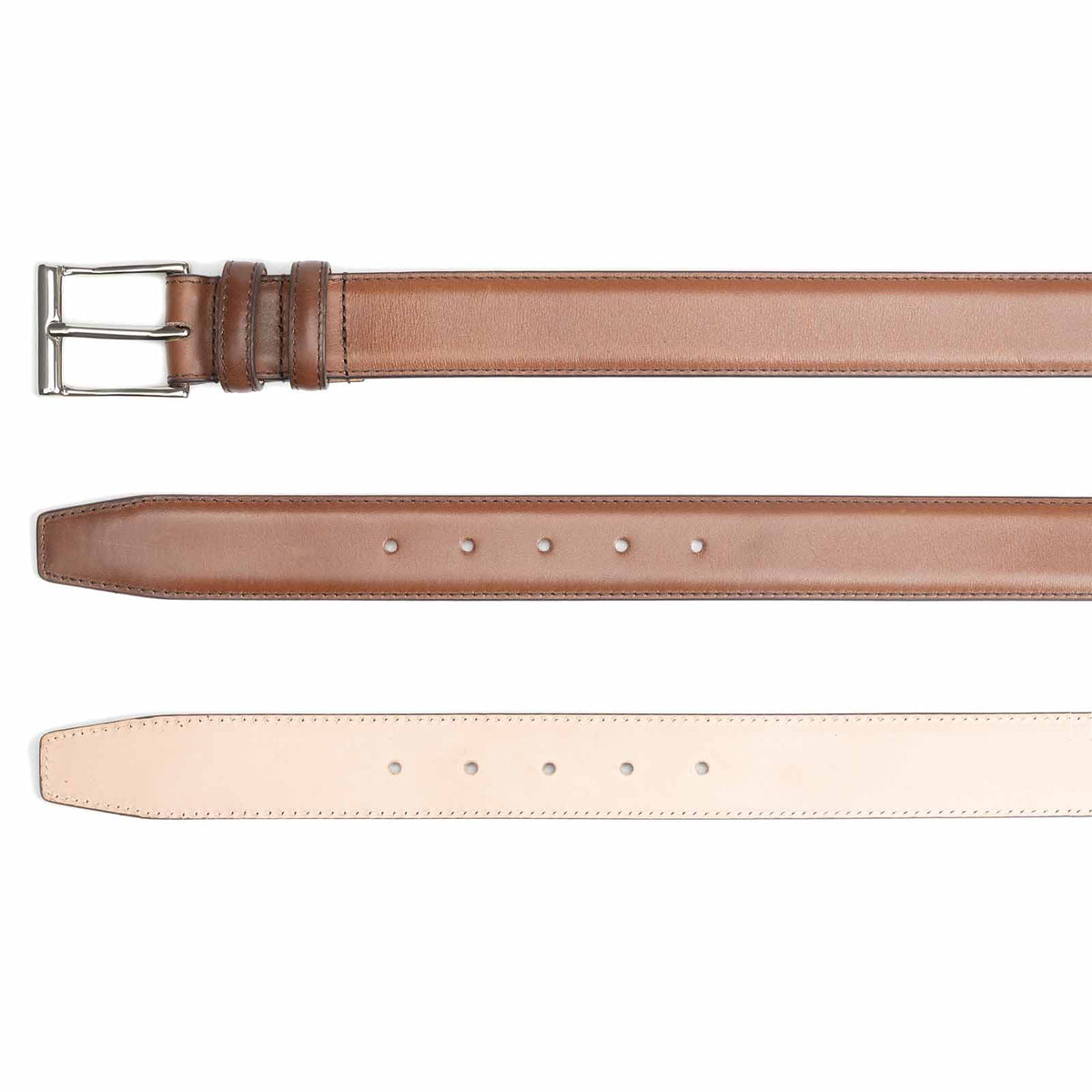 Meermin rust Naturcalf belt, three views showing buckle end, punched holes on strap, and natural leather underside lining
