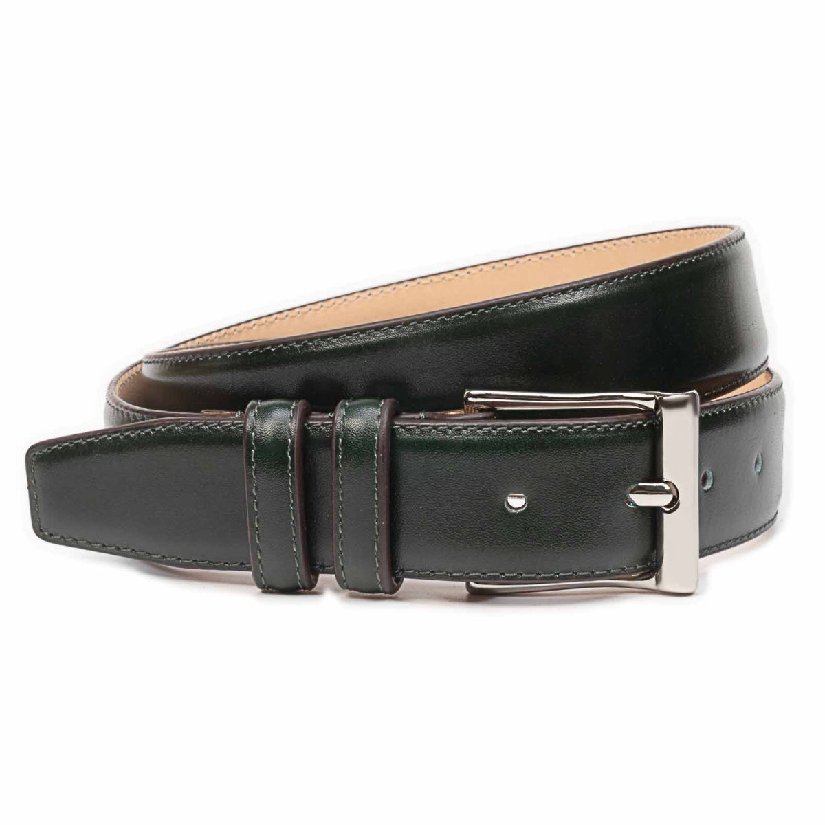 Meermin green leather belt coiled to show buckle end, nickel-plated buckle and keeper loops, stitched edges visible