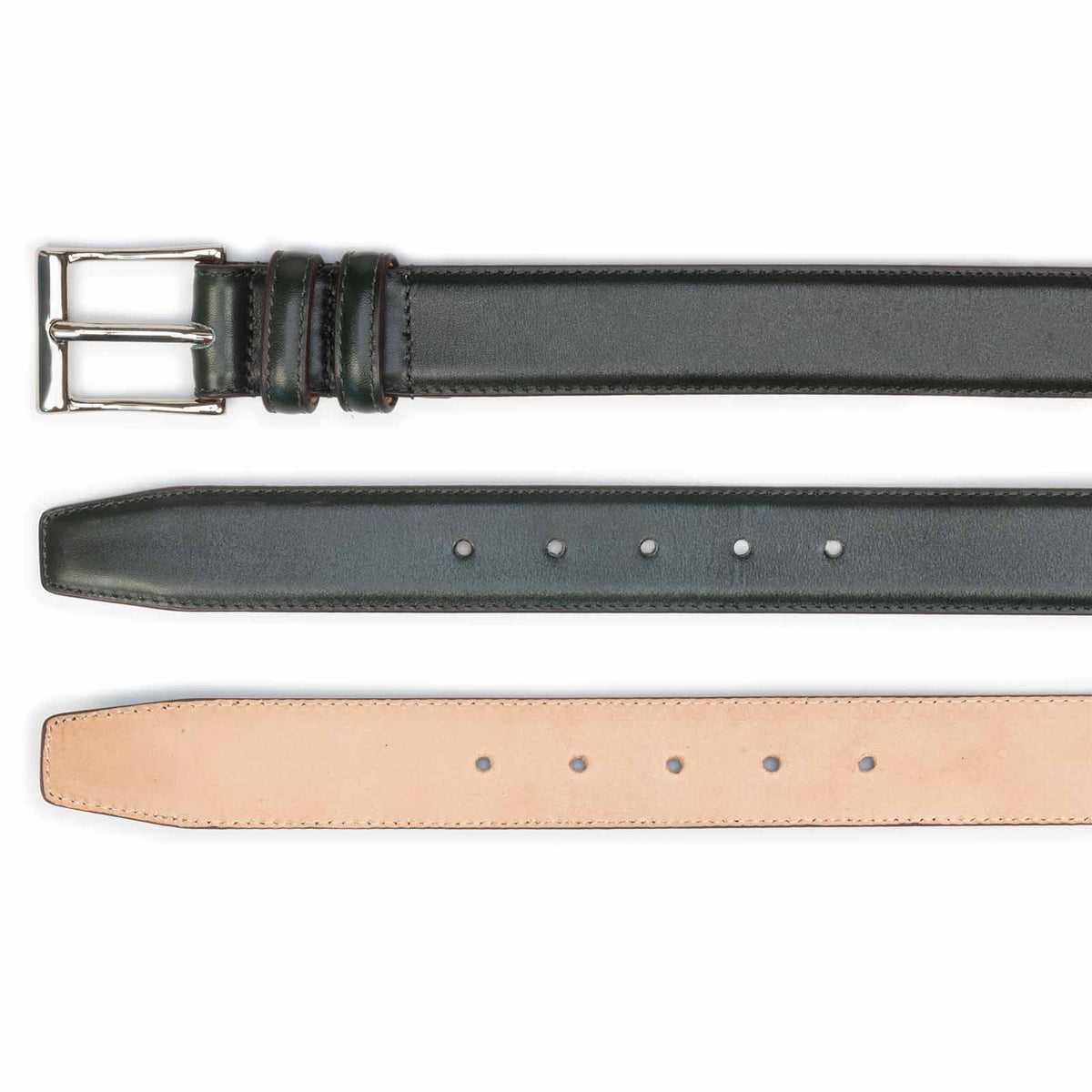 Meermin green leather belt, three views showing nickel-plated buckle, stitched edges with hole punches, and natural calfskin underside