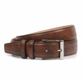 Meermin bourbon museum calf belt, coiled loosely to show nickel-plated buckle and keeper loops in close-up