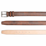 Meermin bourbon museum calf belt, three-view detail showing buckle end, punched holes along strap, and natural leather underside