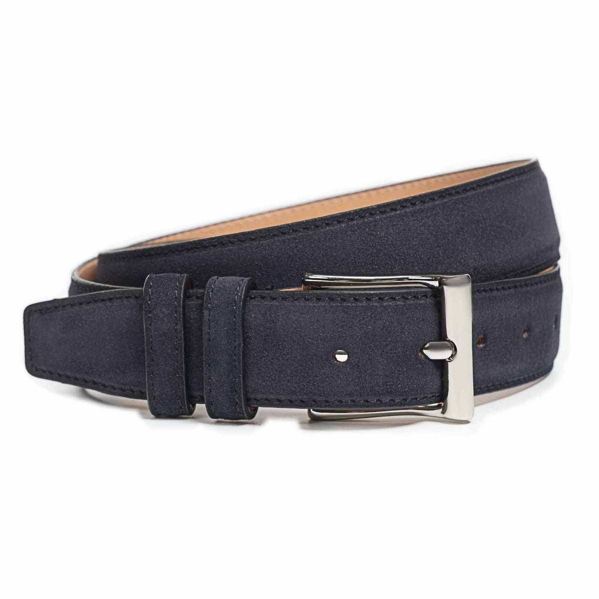 Meermin navy Alicante suede belt coiled, showing nickel-plated buckle, double keeper loops and stitched edges in close-up