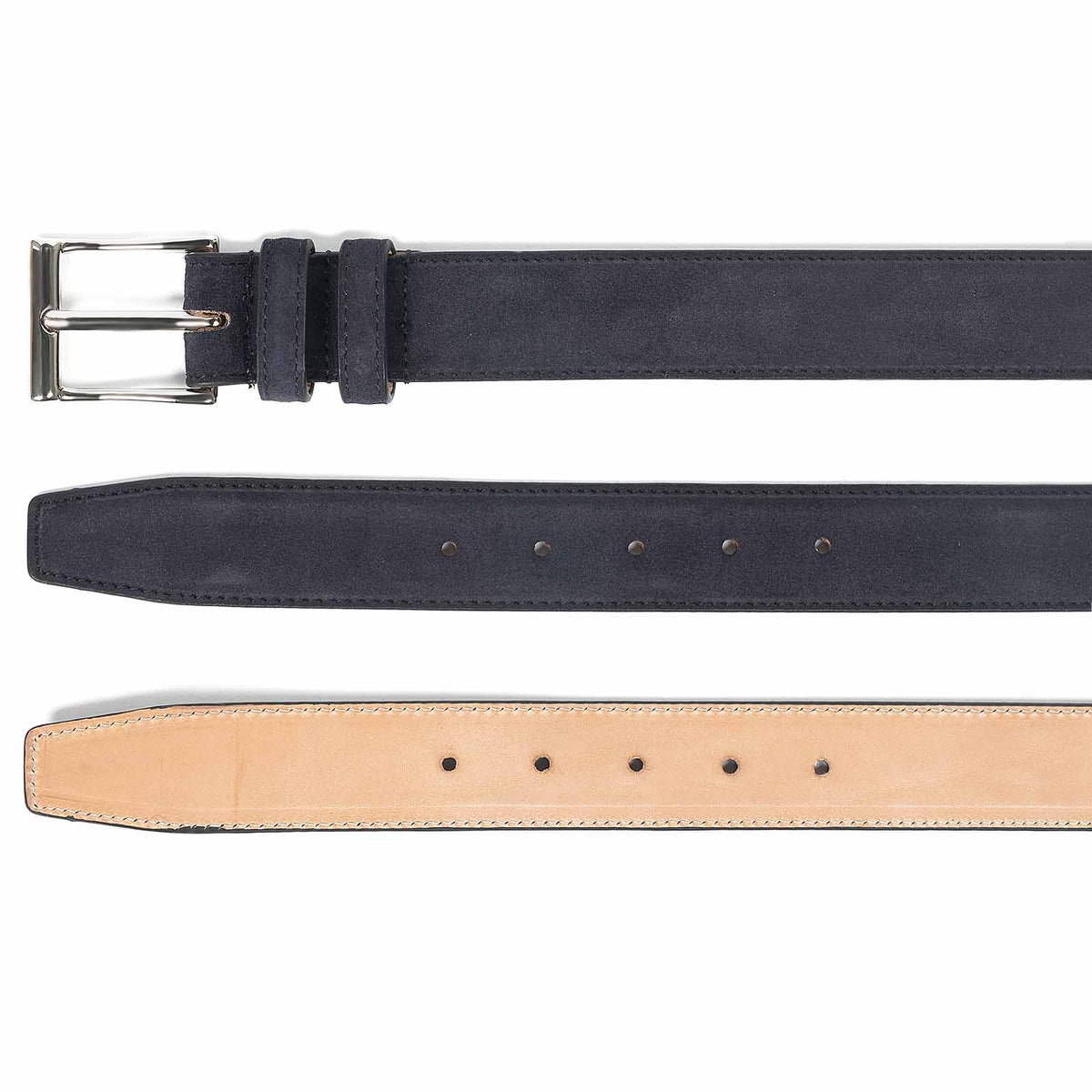 Meermin navy Alicante suede belt, three-view comparison showing buckle end, strap with hole punches, and vegetable-tanned leather lining