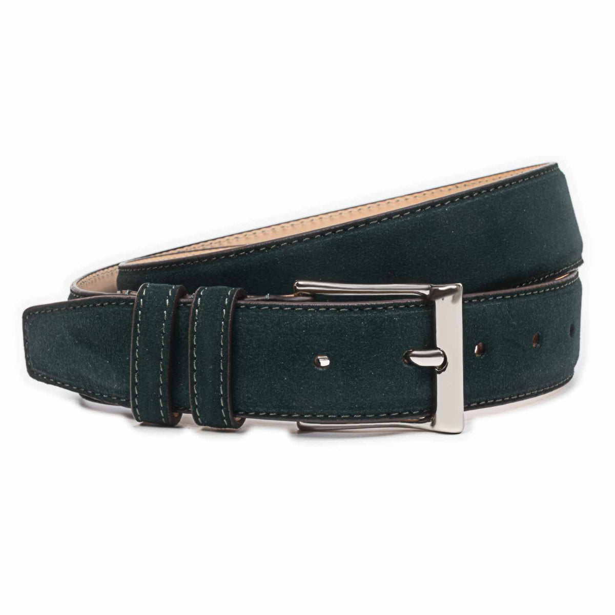 Meermin green Alicante suede belt, coiled full view showing nickel-plated brass buckle and double keeper loops