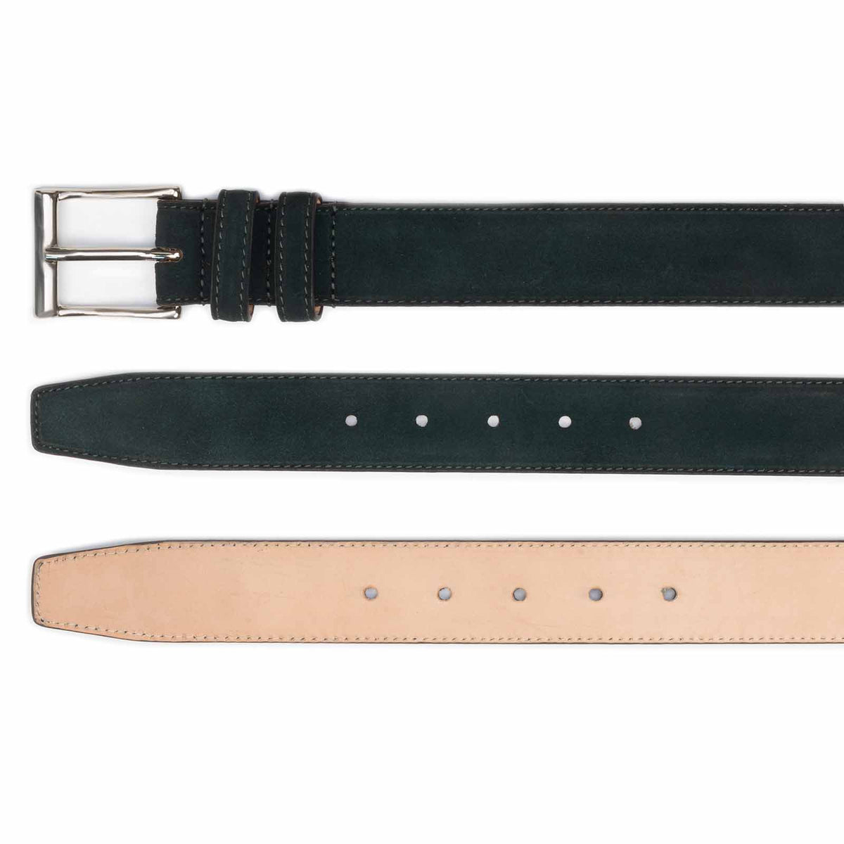 Meermin green Alicante suede belt, three views showing buckle, suede strap with holes, and natural leather lining underside