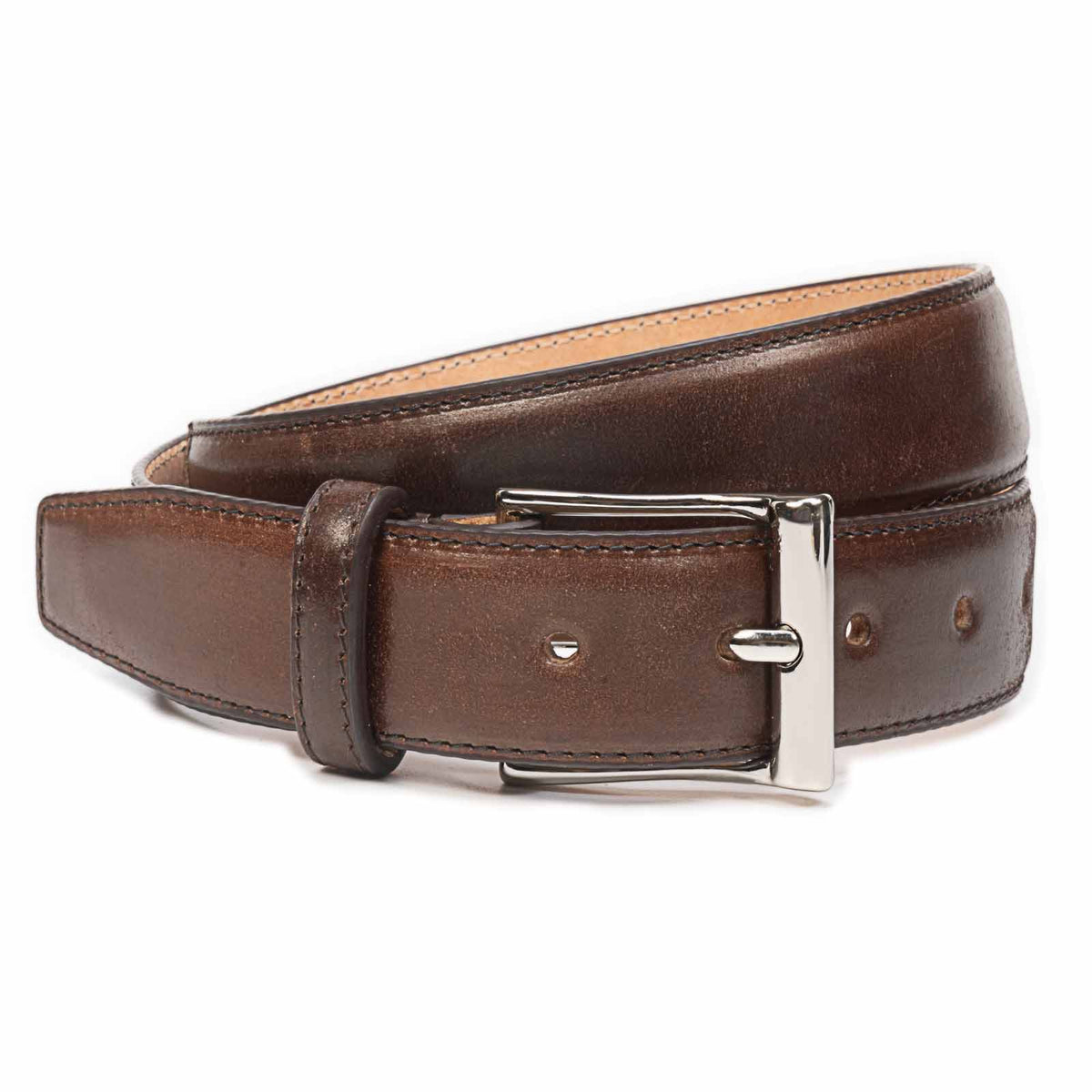 Meermin brown shell cordovan belt, coiled to show buckle and full length, nickel-plated solid brass buckle in close focus