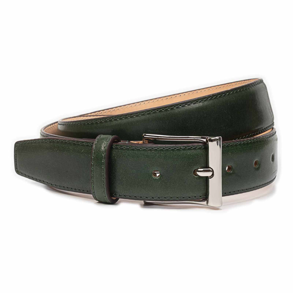 Meermin green shell cordovan belt, coiled, showing nickel-plated solid brass buckle and stitched edges in close-up